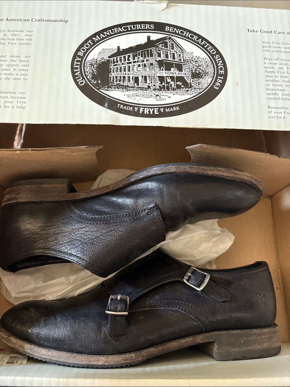 SZ 9.5 FRYE ETHAN DOUBLE MONK BLACK LEATHER LOAFER BUCKLE WITH BOX - Picture 7 of 7